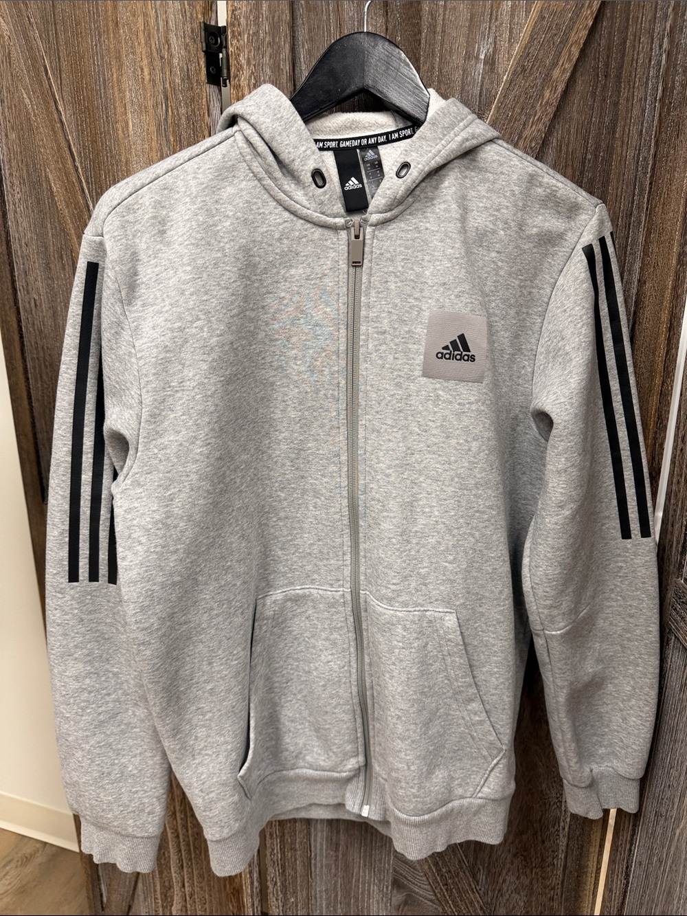 adidas Light Gray Full-Zip Hoodie with Black Three-Stripes